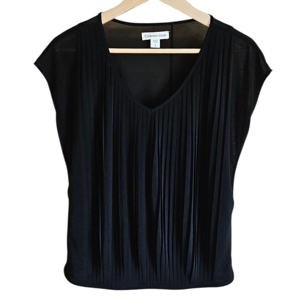 Coldwater Creek Small 8 Black Accordion Pleated V-Neck Cap Sleeve Blouse Top